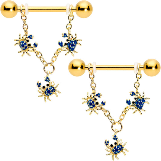 14G 9/16 Black Gem Gold Tone Blue Crab Dangle Nipple Ring Set