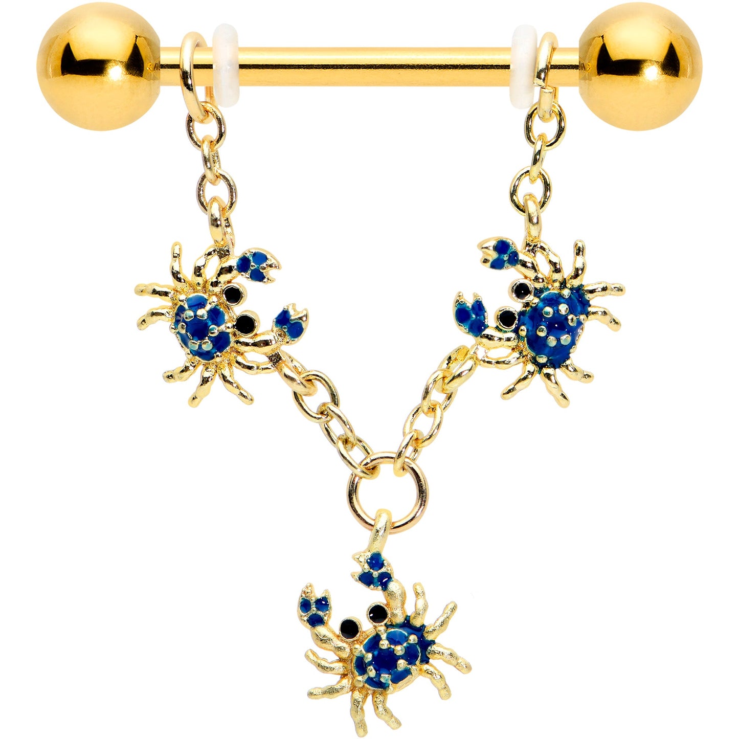 14G 9/16 Black Gem Gold Tone Blue Crab Dangle Nipple Ring Set