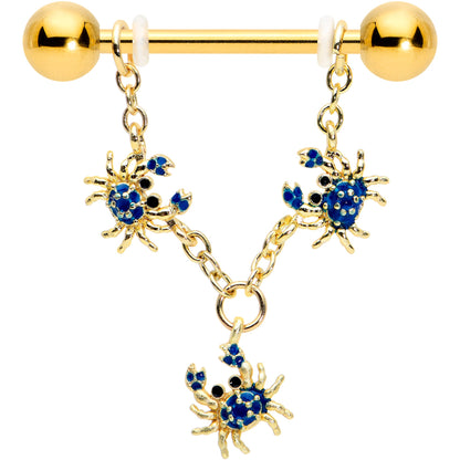 14G 9/16 Black Gem Gold Tone Blue Crab Dangle Nipple Ring Set