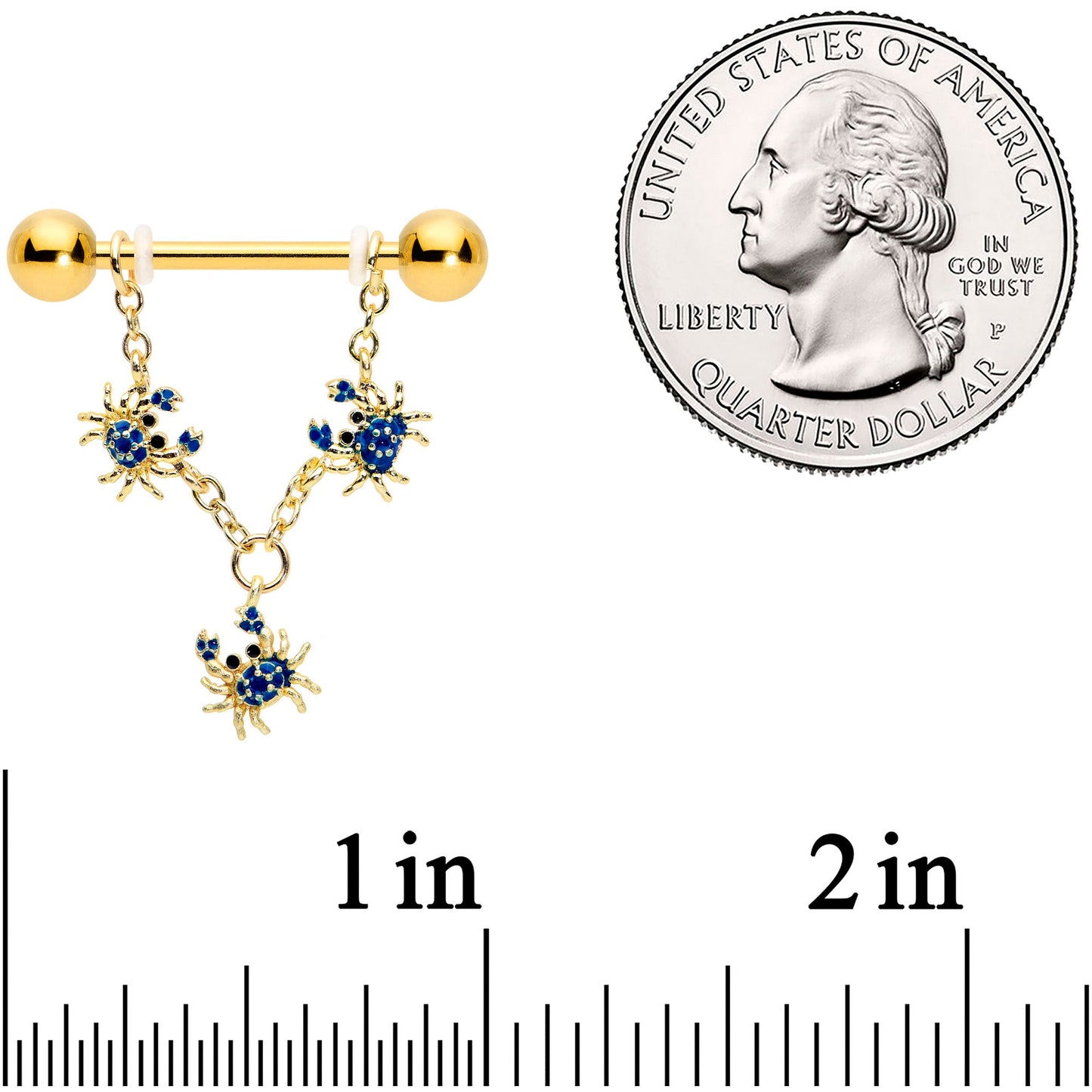 14G 9/16 Black Gem Gold Tone Blue Crab Dangle Nipple Ring Set