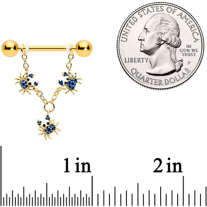 14G 9/16 Black Gem Gold Tone Blue Crab Dangle Nipple Ring Set