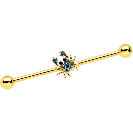 14G Blue Gem Gold Tone Blue Crab Nautical Industrial Barbell 38mm