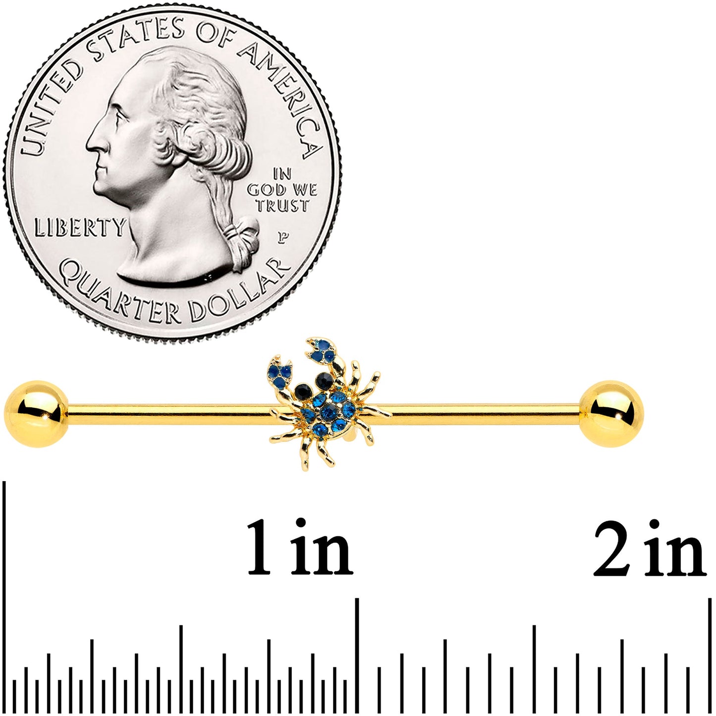 14G Blue Gem Gold Tone Blue Crab Nautical Industrial Barbell 38mm