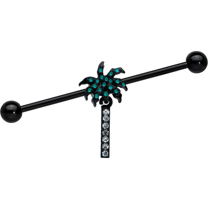 14G Clear Gem Black Night Palm Tree Dangle Industrial Barbell 38mm