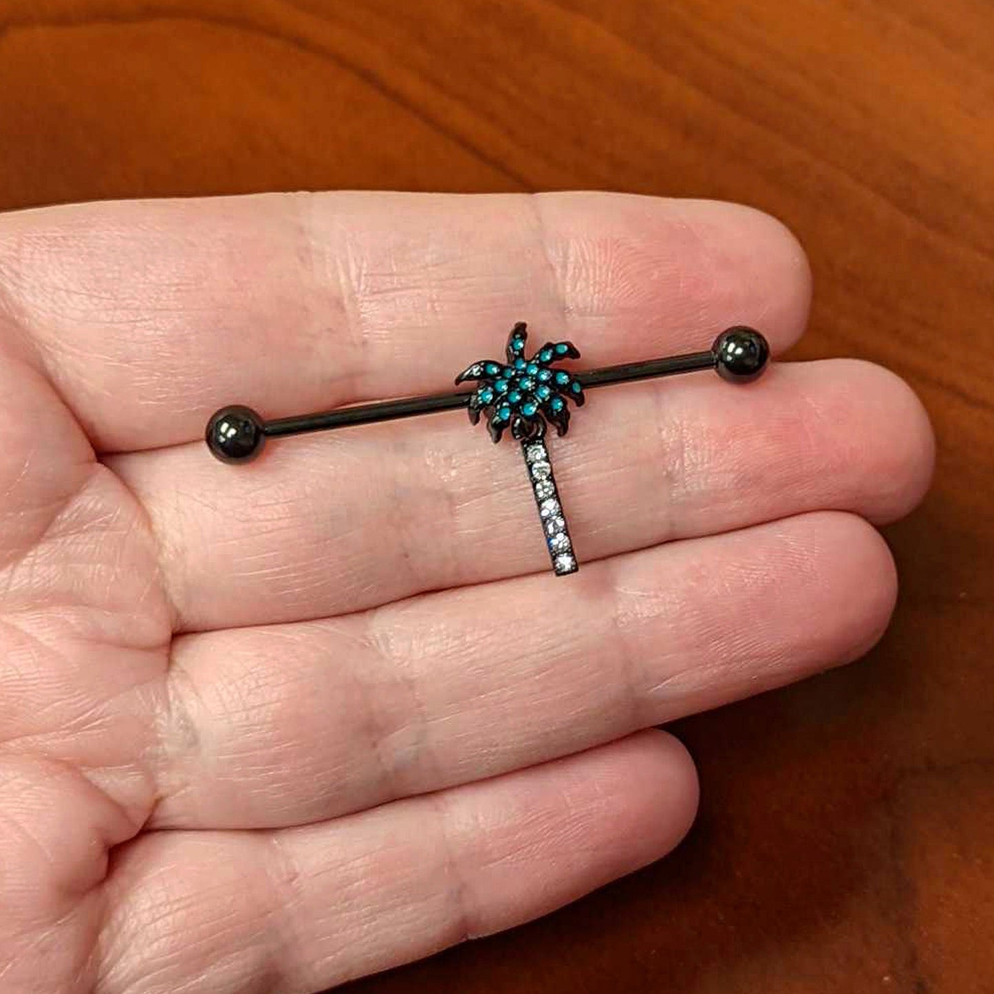 14G Clear Gem Black Night Palm Tree Dangle Industrial Barbell 38mm