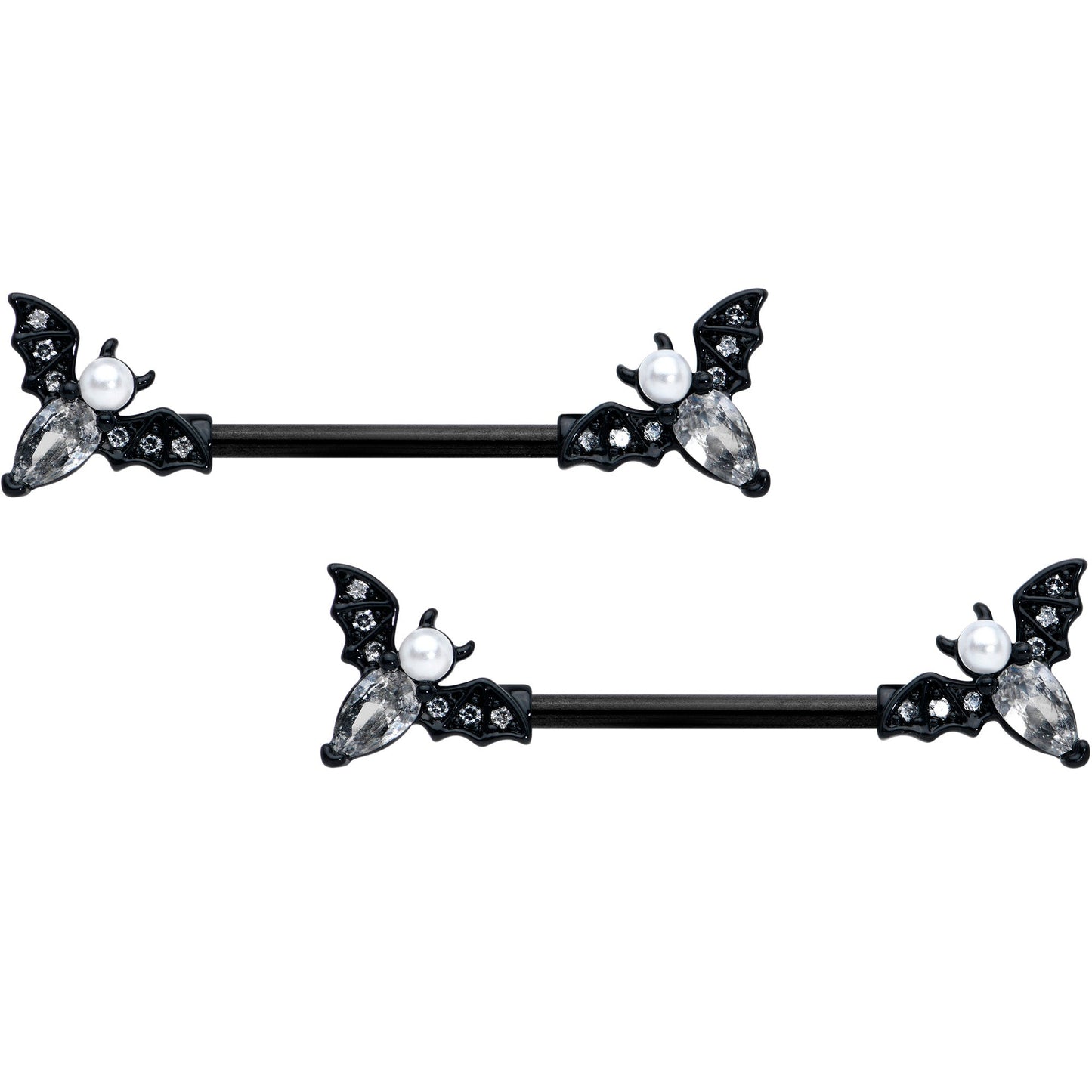 14G 5/8 Clear Gem Black Flying Bats Halloween Nipple Ring Set