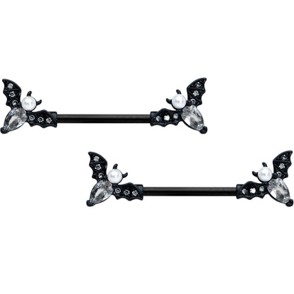 14G 5/8 Clear Gem Black Flying Bats Halloween Nipple Ring Set