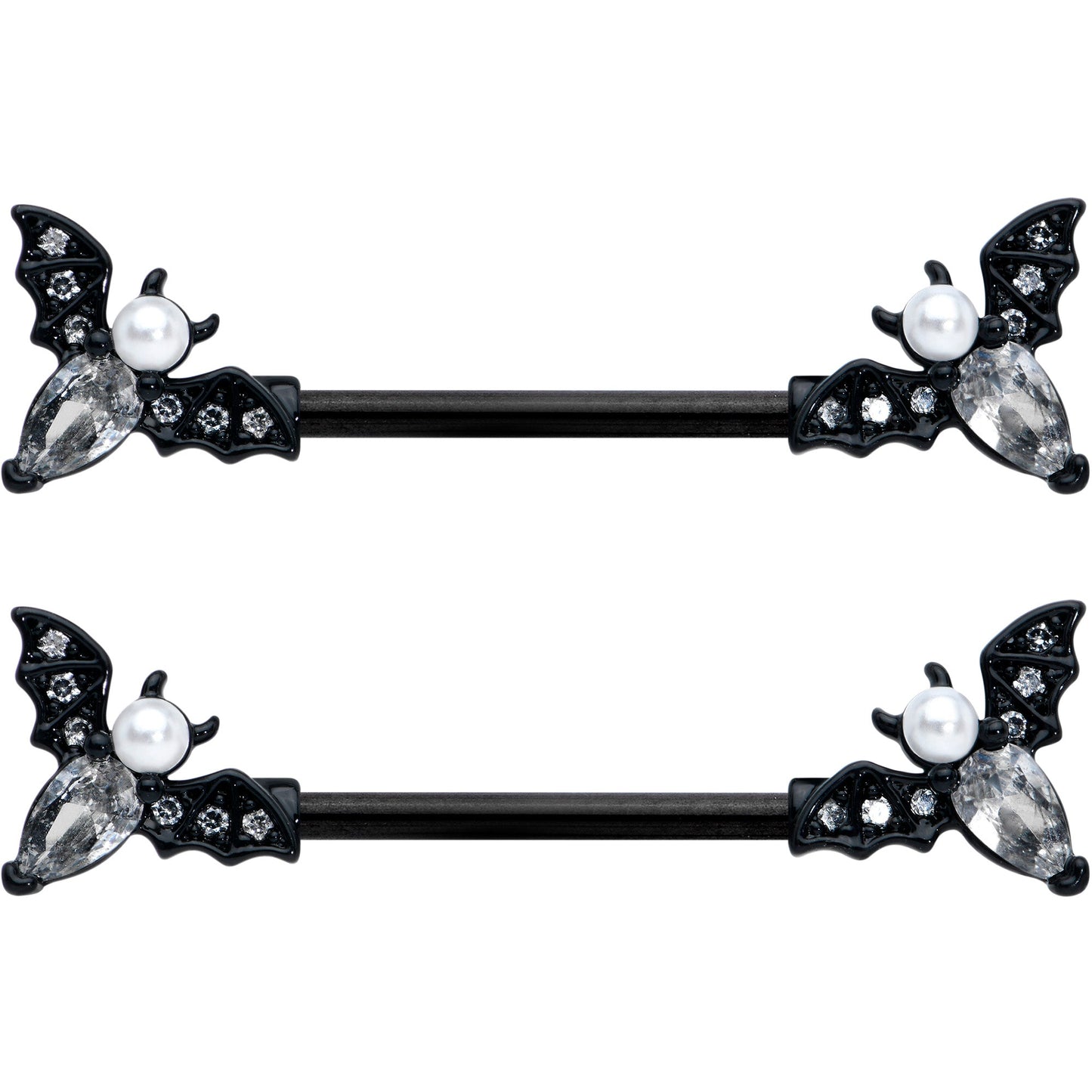 14G 5/8 Clear Gem Black Flying Bats Halloween Nipple Ring Set