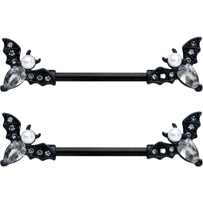 14G 5/8 Clear Gem Black Flying Bats Halloween Nipple Ring Set