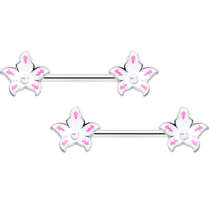 14G 9/16 Pearlescent Orb Pink White Flower Barbell Nipple Ring Set