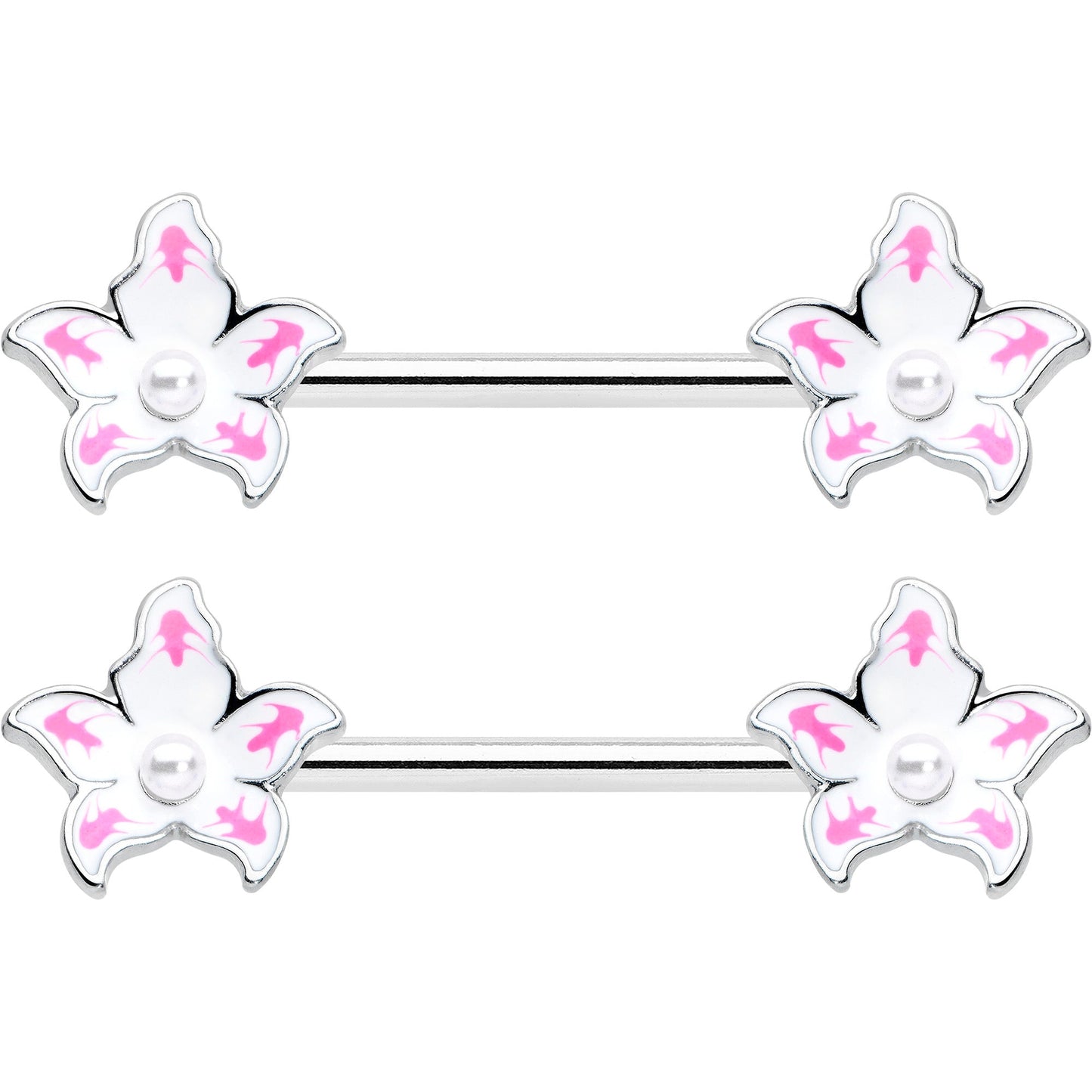 14G 9/16 Pearlescent Orb Pink White Flower Barbell Nipple Ring Set