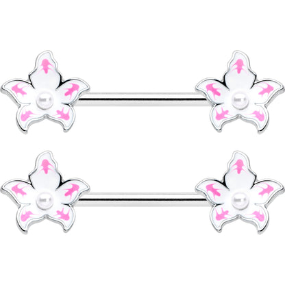 14G 9/16 Pearlescent Orb Pink White Flower Barbell Nipple Ring Set