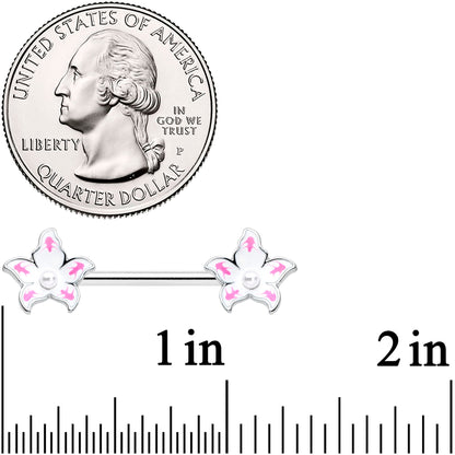 14G 9/16 Pearlescent Orb Pink White Flower Barbell Nipple Ring Set