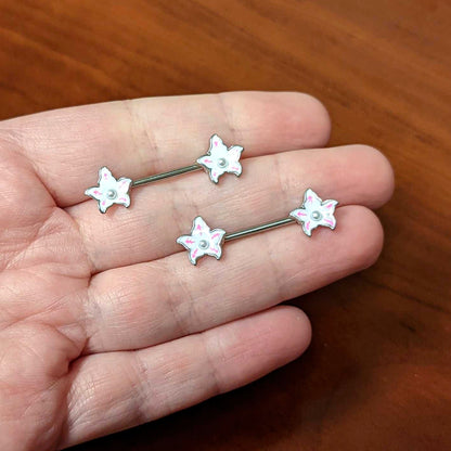 14G 9/16 Pearlescent Orb Pink White Flower Barbell Nipple Ring Set