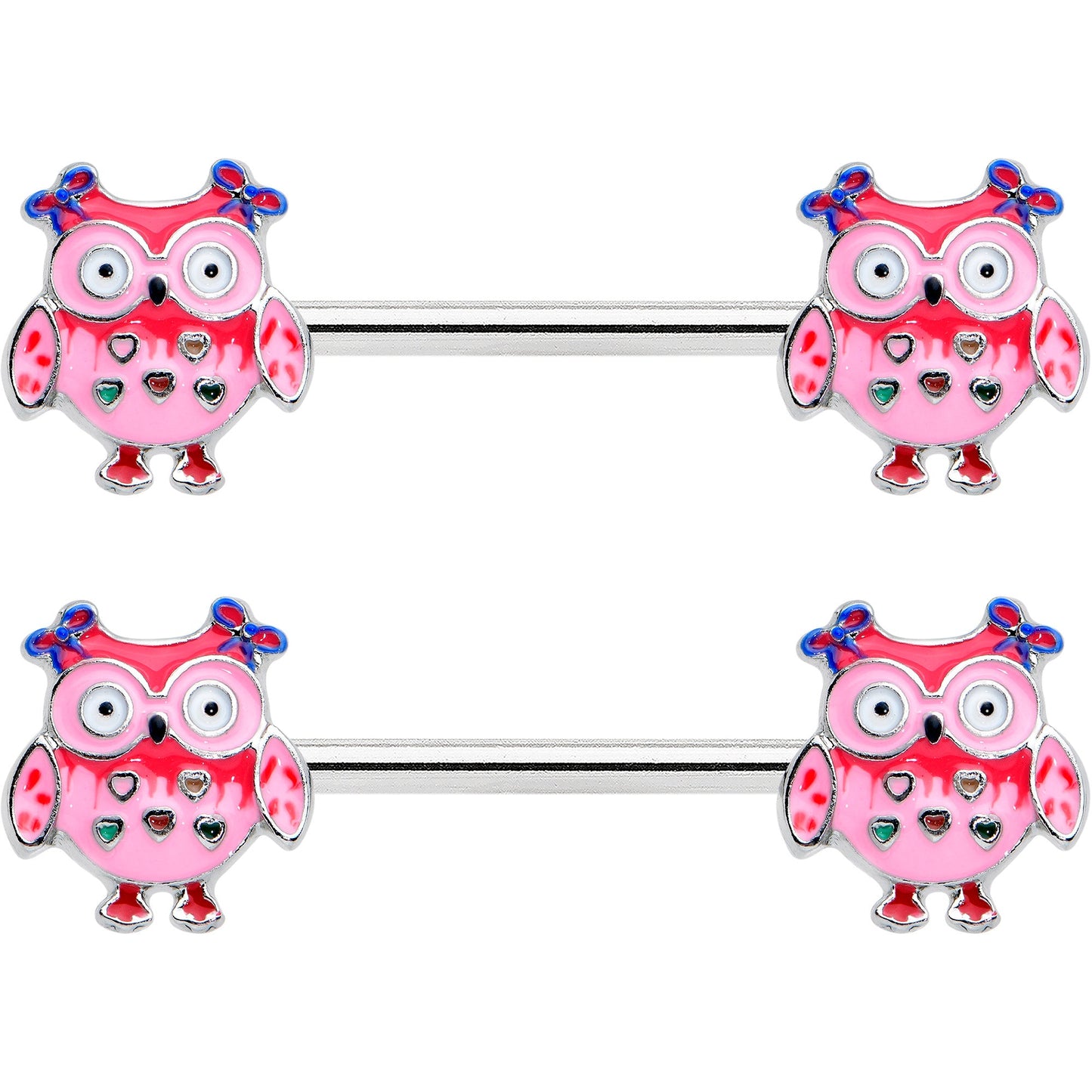 14G 9/16 Bow Pink Heart Owls Barbell Nipple Ring Set