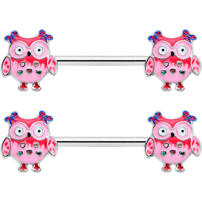 14G 9/16 Bow Pink Heart Owls Barbell Nipple Ring Set