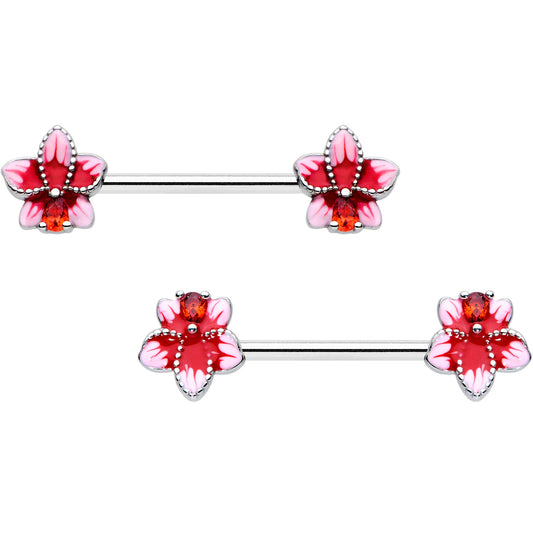 14G 9/16 Red Gem Tropical Flower Barbell Nipple Ring Set