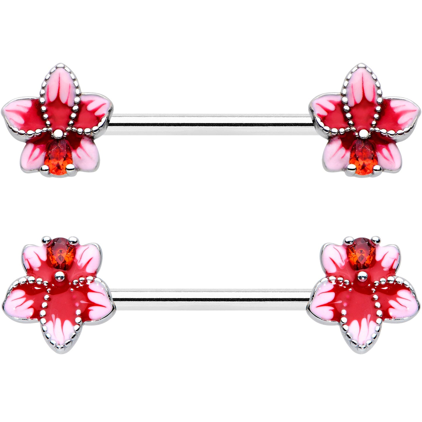 14G 9/16 Red Gem Tropical Flower Barbell Nipple Ring Set
