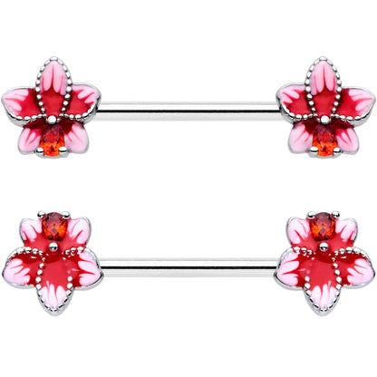 14G 9/16 Red Gem Tropical Flower Barbell Nipple Ring Set