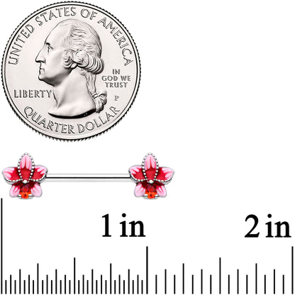 14G 9/16 Red Gem Tropical Flower Barbell Nipple Ring Set