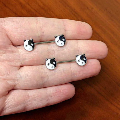14G 9/16 Yin Yang Panda Bear Barbell Nipple Ring Set