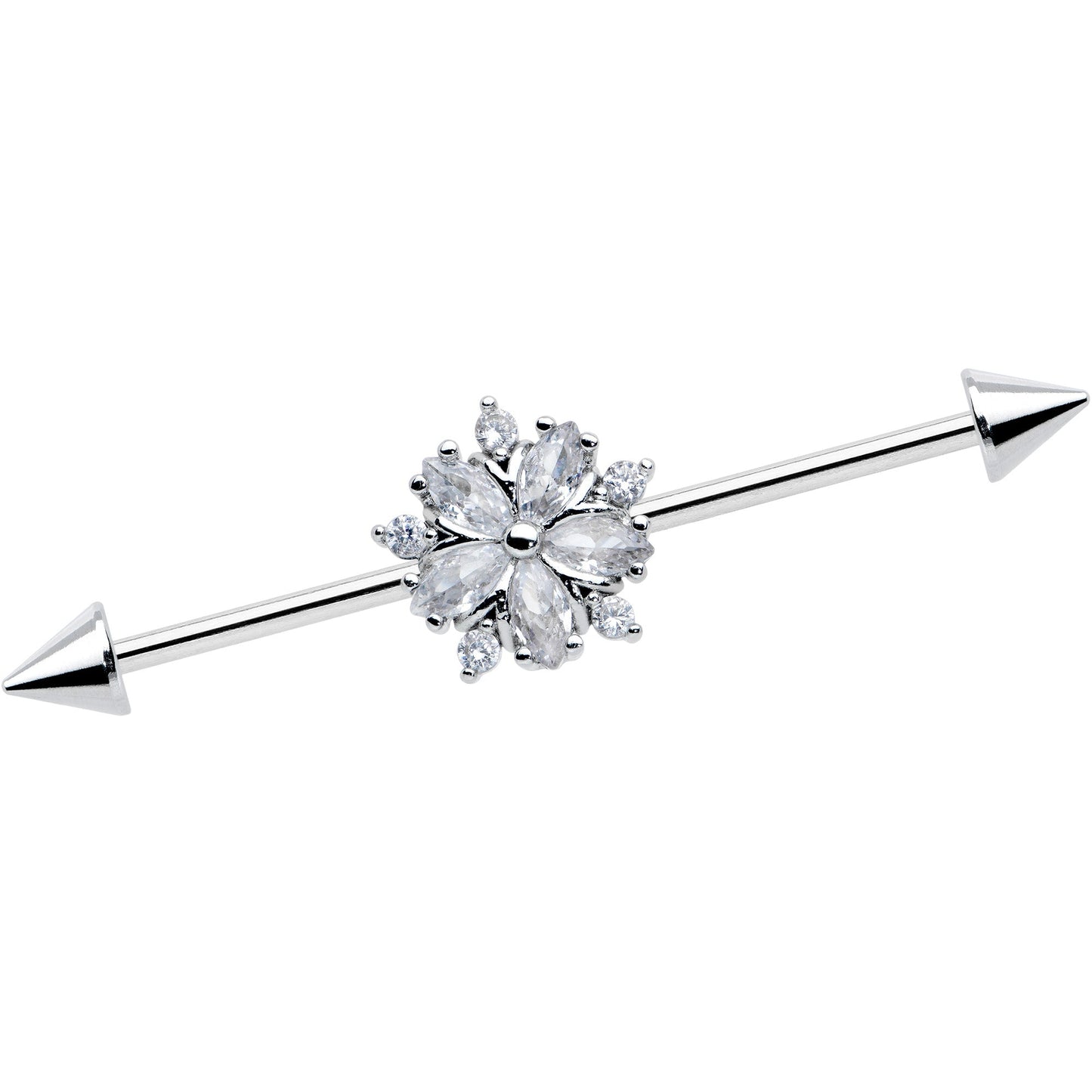 14G Clear CZ Gem Floral Burst Cone Ends Industrial Barbell 38mm