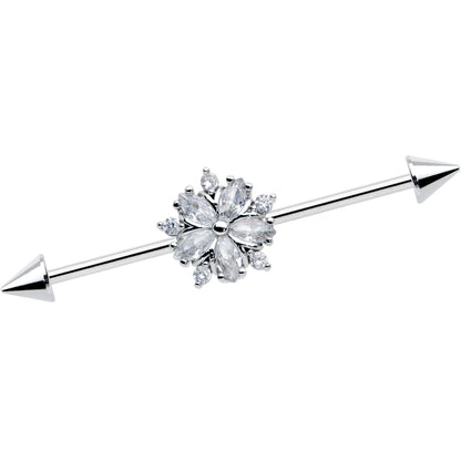 14G Clear CZ Gem Floral Burst Cone Ends Industrial Barbell 38mm
