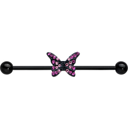 14G Pink Gem Black Midnight Butterfly Industrial Barbell 38mm