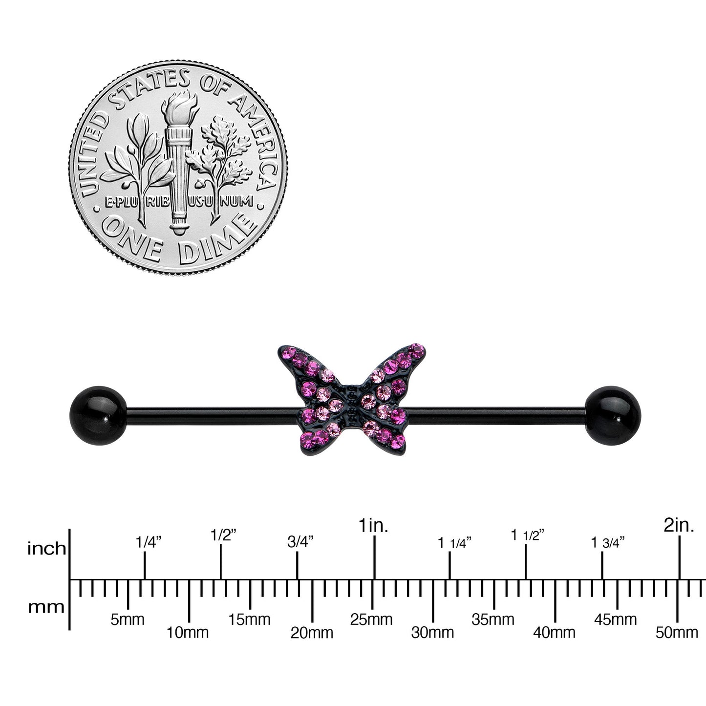 14G Pink Gem Black Midnight Butterfly Industrial Barbell 38mm