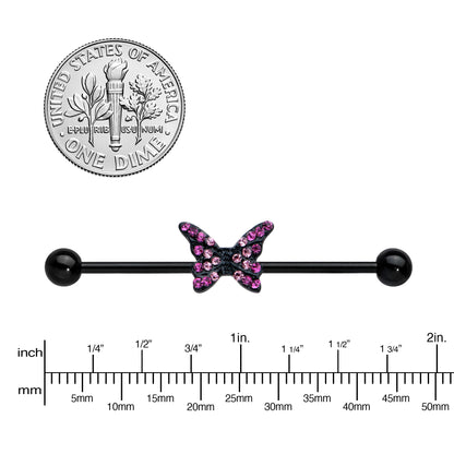 14G Pink Gem Black Midnight Butterfly Industrial Barbell 38mm