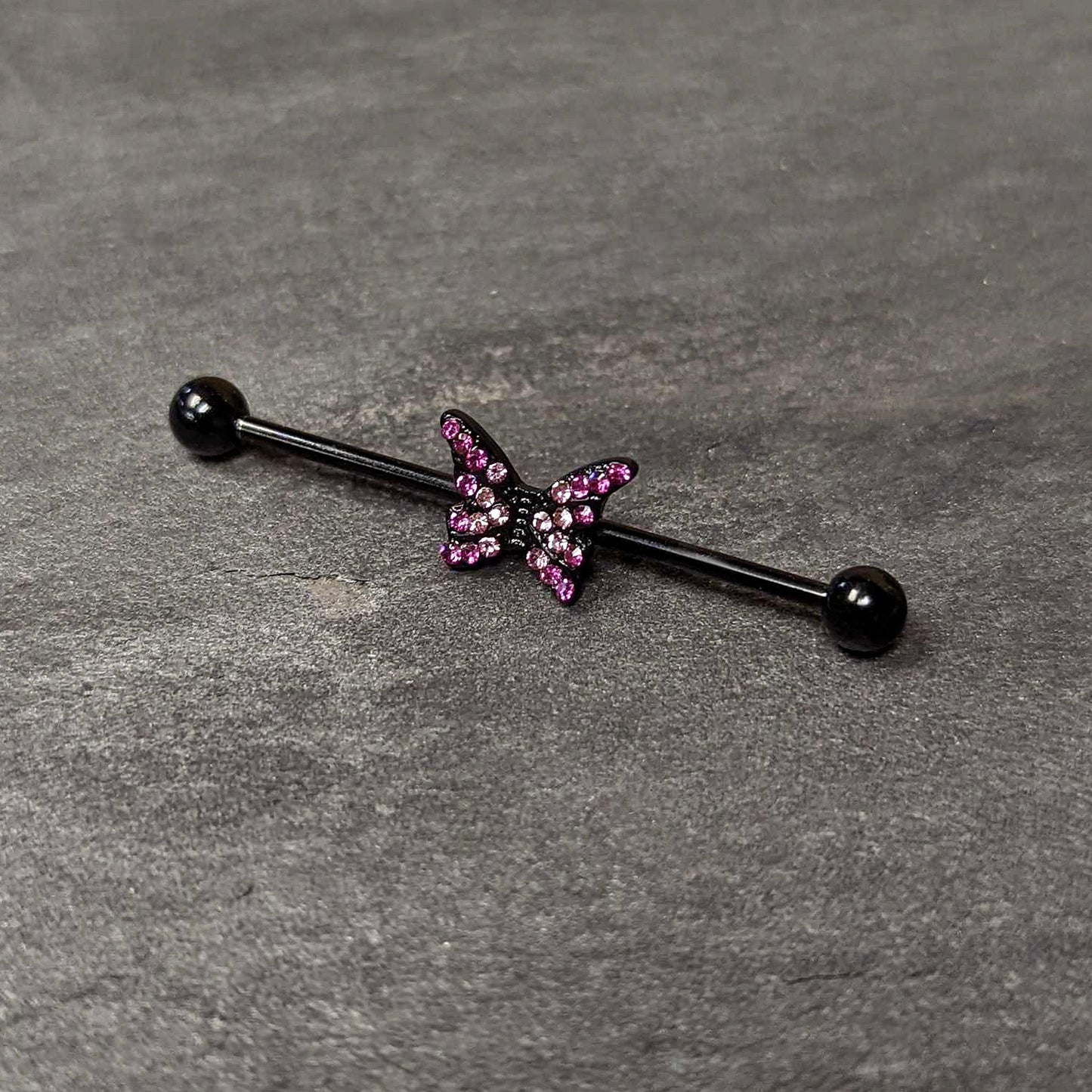 14G Pink Gem Black Midnight Butterfly Industrial Barbell 38mm