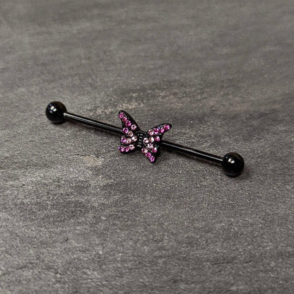 14G Pink Gem Black Midnight Butterfly Industrial Barbell 38mm