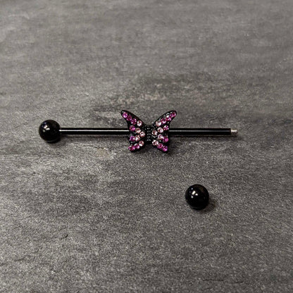 14G Pink Gem Black Midnight Butterfly Industrial Barbell 38mm