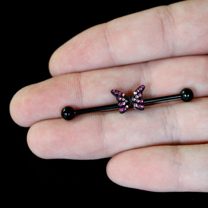 14G Pink Gem Black Midnight Butterfly Industrial Barbell 38mm