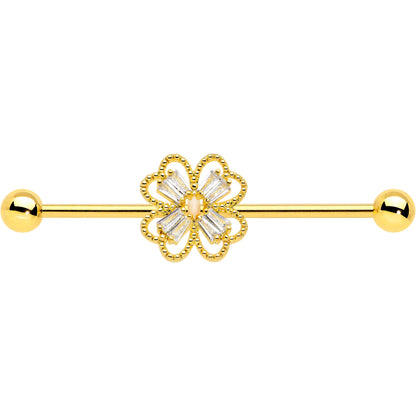 14G Clear Gem Gold Tone Textured Cross Industrial Barbell 38mm