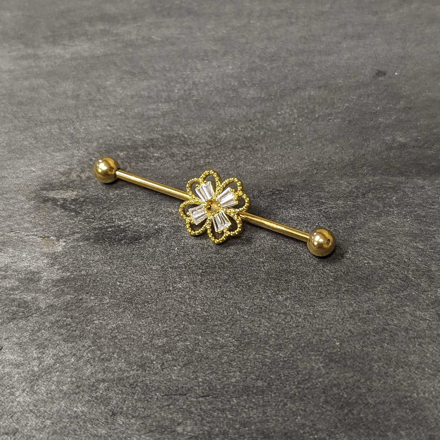 14G Clear Gem Gold Tone Textured Cross Industrial Barbell 38mm