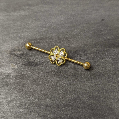 14G Clear Gem Gold Tone Textured Cross Industrial Barbell 38mm