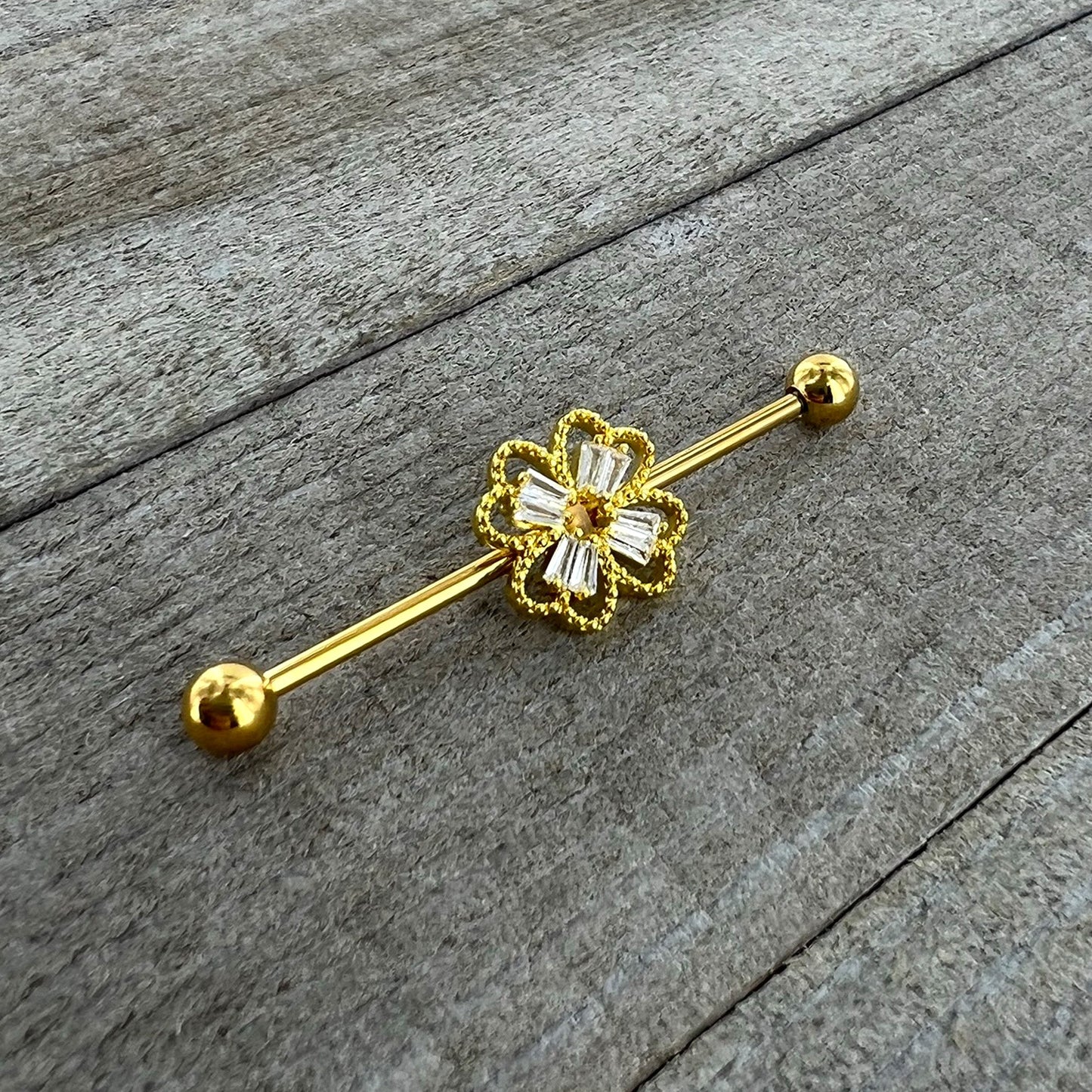 14G Clear Gem Gold Tone Textured Cross Industrial Barbell 38mm
