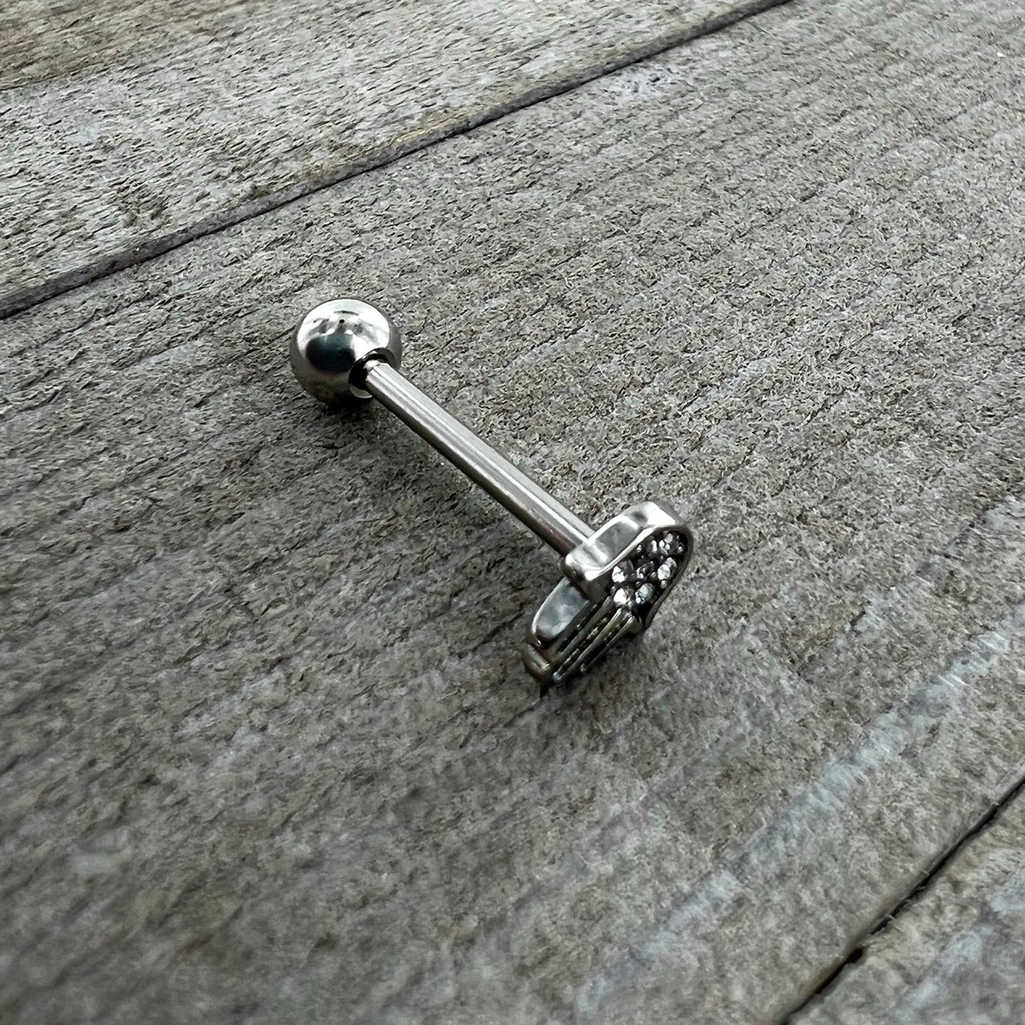 Clear CZ Gem Understated Hamsa Hand Barbell Tongue Ring