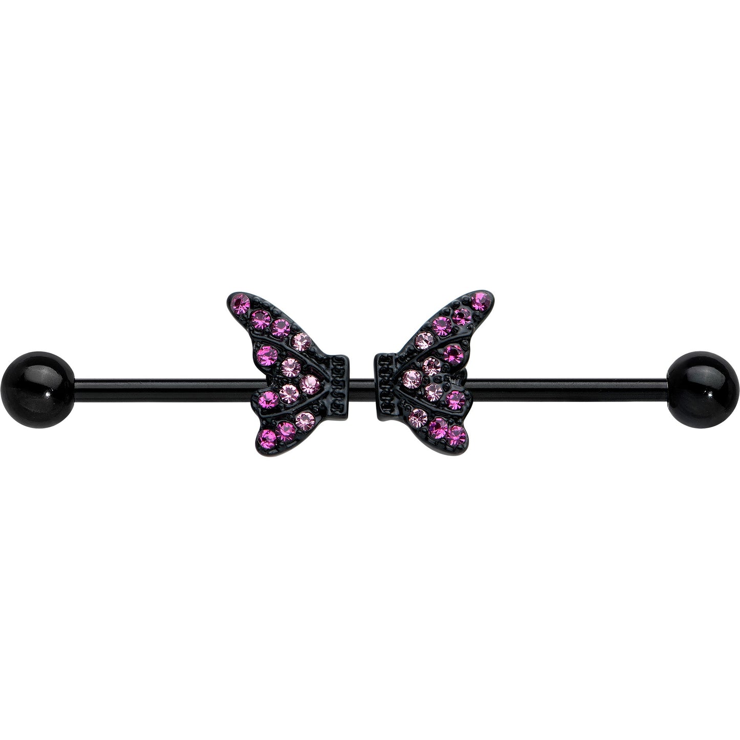 14G Pink Gem Black Moveable Wing Butterfly Industrial Barbell 38mm