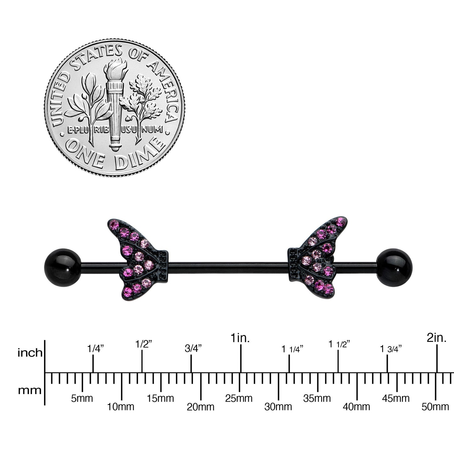 14G Pink Gem Black Moveable Wing Butterfly Industrial Barbell 38mm