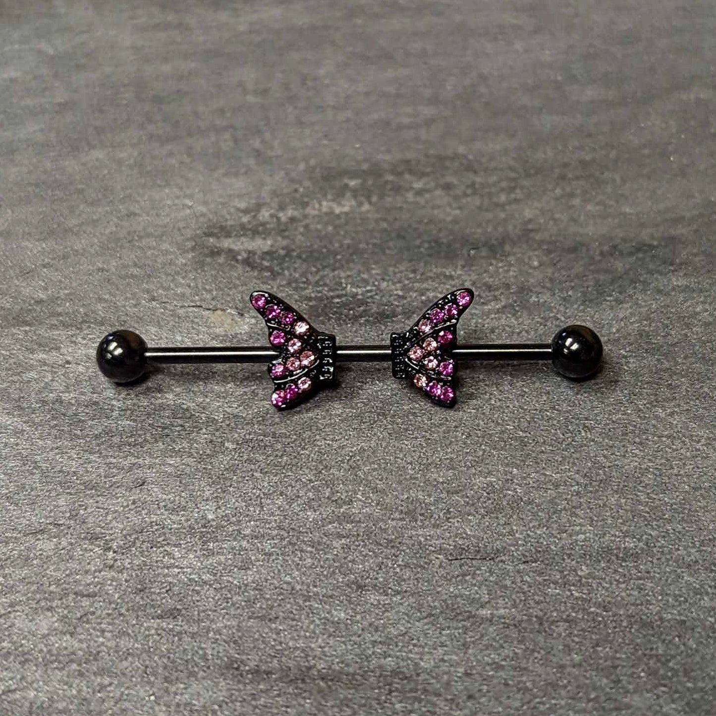 14G Pink Gem Black Moveable Wing Butterfly Industrial Barbell 38mm