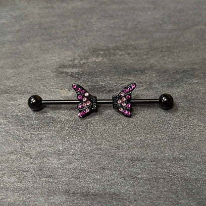 14G Pink Gem Black Moveable Wing Butterfly Industrial Barbell 38mm