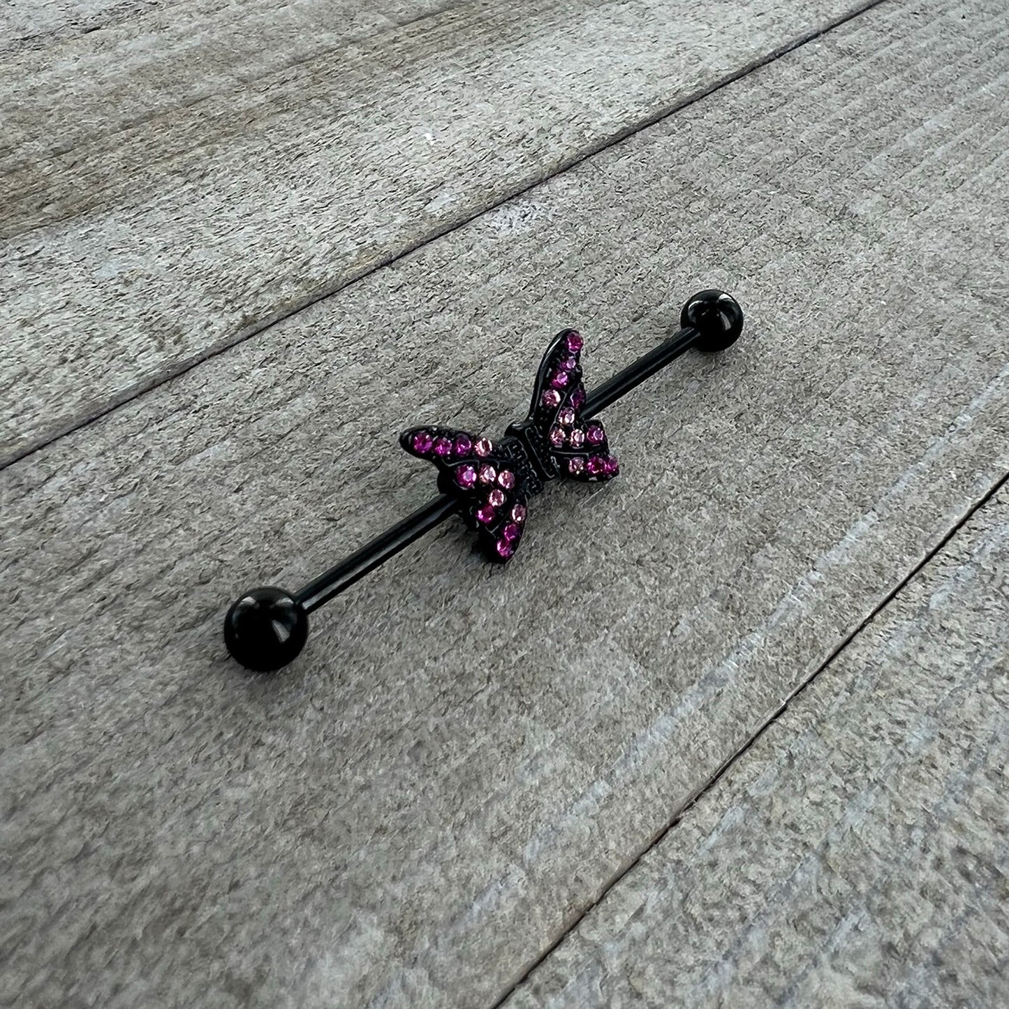 14G Pink Gem Black Moveable Wing Butterfly Industrial Barbell 38mm