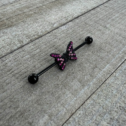 14G Pink Gem Black Moveable Wing Butterfly Industrial Barbell 38mm