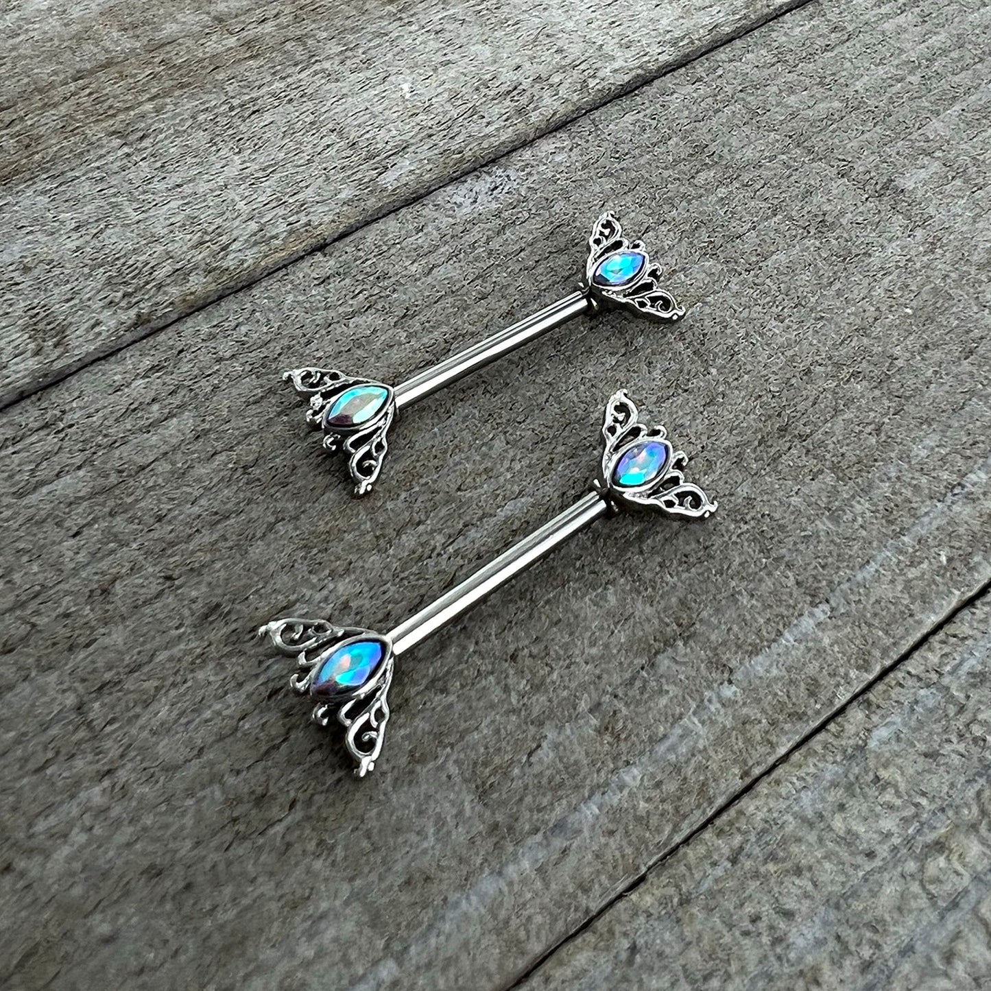 14G 9/16 Aurora Gem Deco Waves Barbell Nipple Ring Set