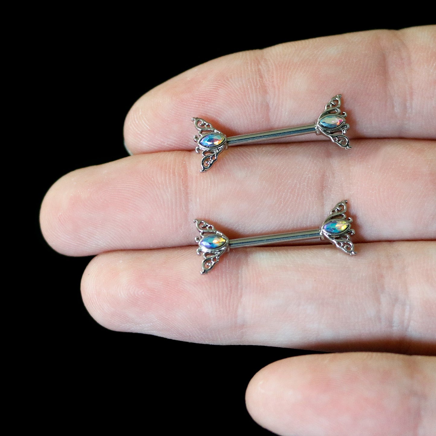 14G 9/16 Aurora Gem Deco Waves Barbell Nipple Ring Set