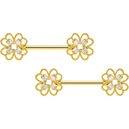 14G 5/8 Clear Gem Gold Tone Texture Cross Barbell Nipple Ring Set