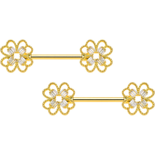 14G 5/8 Clear Gem Gold Tone Texture Cross Barbell Nipple Ring Set