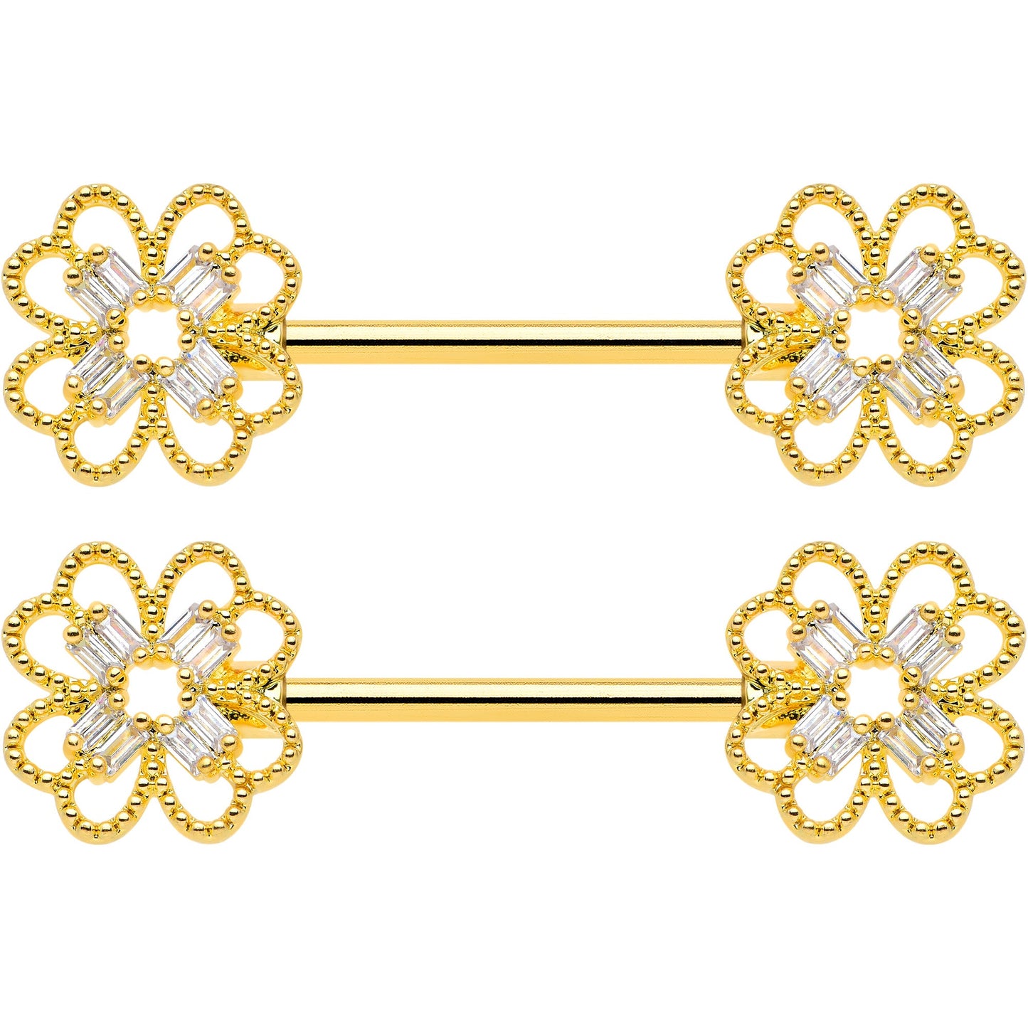14G 5/8 Clear Gem Gold Tone Texture Cross Barbell Nipple Ring Set